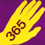 A poster with a yellow hand with 365 written on it on purple background