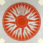 Poster with silver and red compass on white