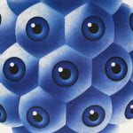 A poster with blue eyeballs in the shape of a pineapple