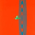 Poster with blue sideways target with green humming bird on orange background