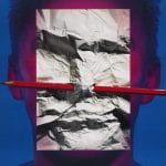Poster showing a mans face with a crumbled piece of paper on the face and a red pencil through the nose