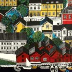 A poster depicting a colourful illustration of the skyline of the city of Porvoo
