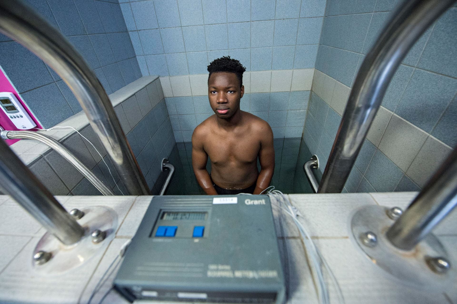 a student in the water tank