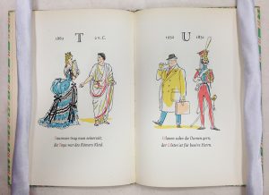 T & U ‘Tournure was worn at the time- the toga was the Roman’s dress. Uhlan whip the ladies gladly- the Ulster coat for a quality Gentleman.’ Ein lustiges ABC der Moden, Trachten und Kostüme, Fritz Kredel [n.d.] 