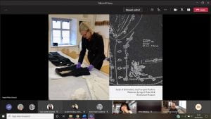 Screen grab from the drawing with dress detective workshop. The image illustrates Ingrid Mida handling dress and a detail of a drawing