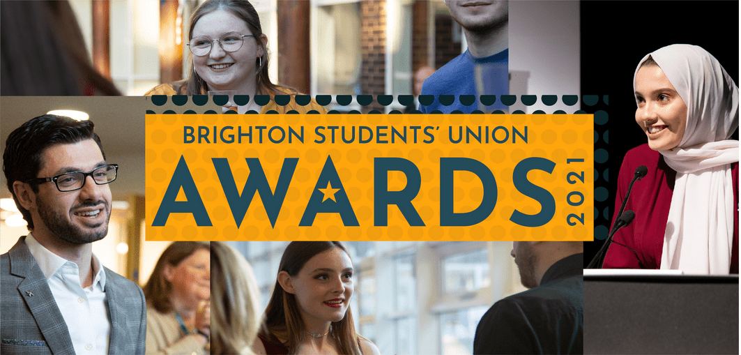 Image of faces with Brighton Students' Union awards 2021 overlaid