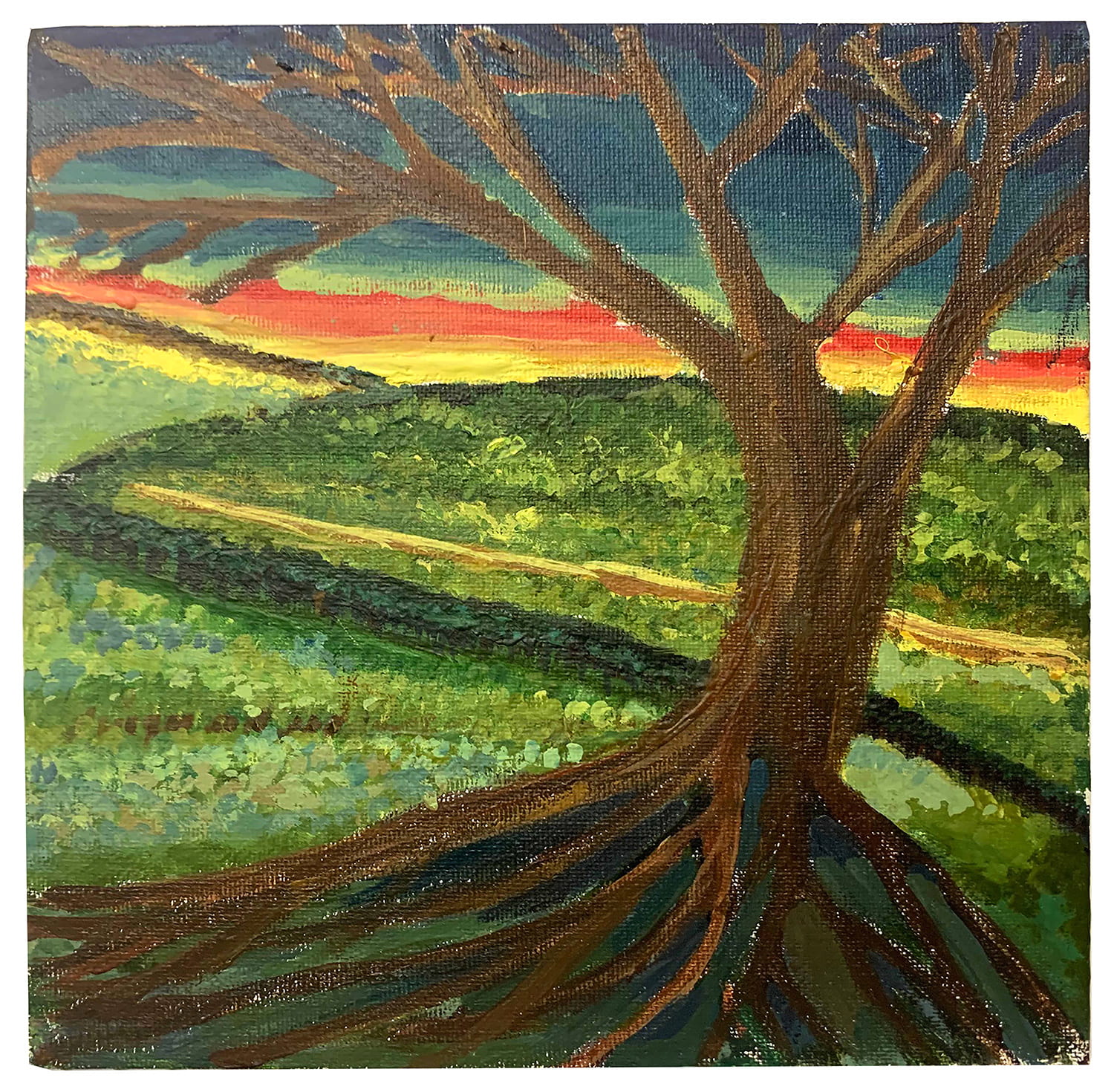 Painting of a leafless tree in a field at dusk