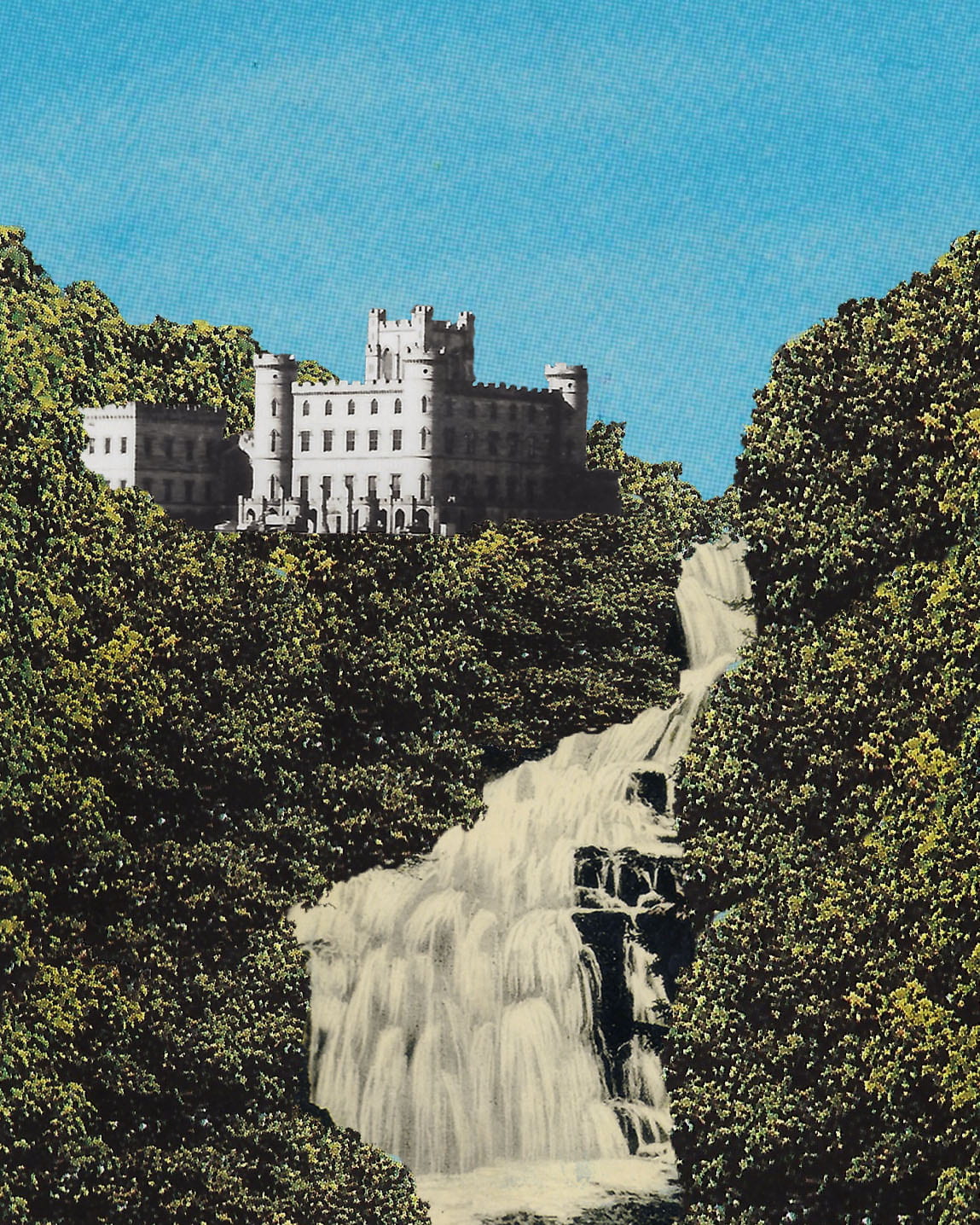 Image composition of castle and waterfall