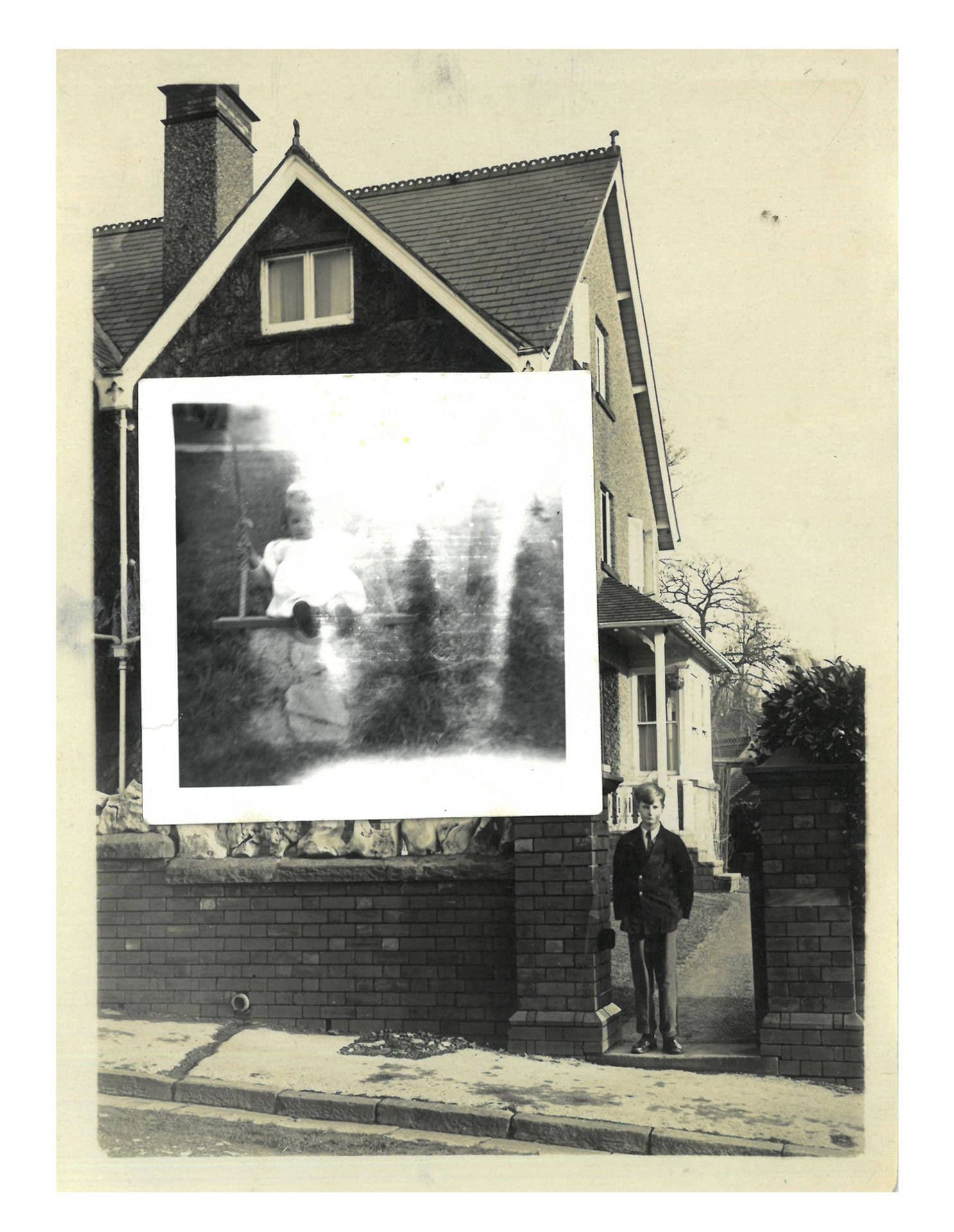 vintage image of a child on a swing overlaid on a photo of a house
