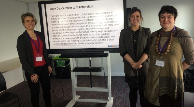 Presenters A. Liguoir, H. Davies and B. Patrickson  at MECCSA talking about experimental storytelling and the difference between cooperation and collaboration.