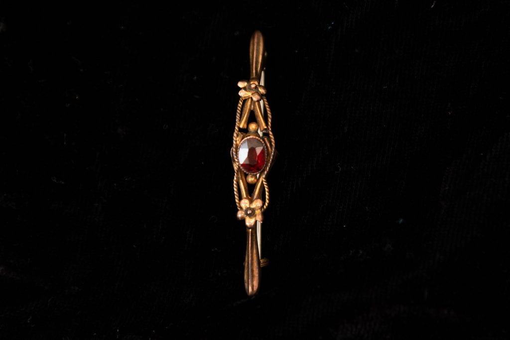 Photograph of a broach pin with a red stone