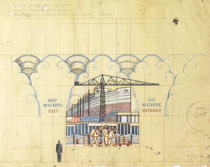 An original watercolour depicting a shipbuilding yard with travelling people on foreground