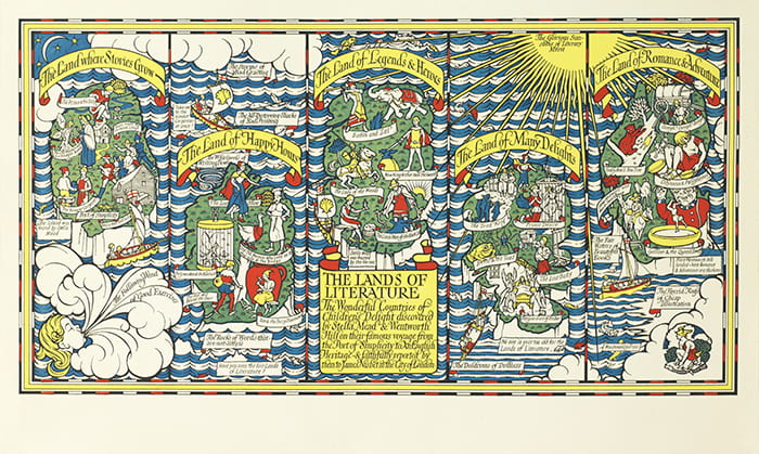 A colourful illustrated poster depicting Lands of Literature 