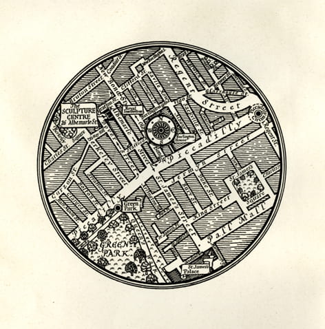 A black and white map by MacDonald Gill showing the Sculpture Center