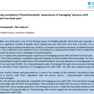 Managing Complexity: Physiotherapists’ experience of managing persons with persistent low back pain