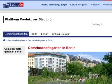 One of the four main pages of the new website Plattform Produktives Stadtgrün (source: SenUVK www 2020)