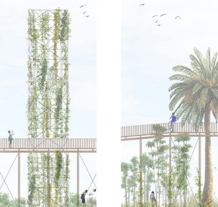 Elevated light-weight bridges allow for flowing agricultural landscape and unhindered production as well for unexpected views. (source: Alkisti Volonasis and Romila Faye Strub 2020)