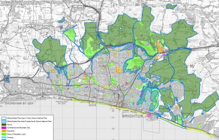 Land use of council-owned land in Brighton & Hovee. The dark green areas are farms. (source: Brighton & Hove City Council www 2021)