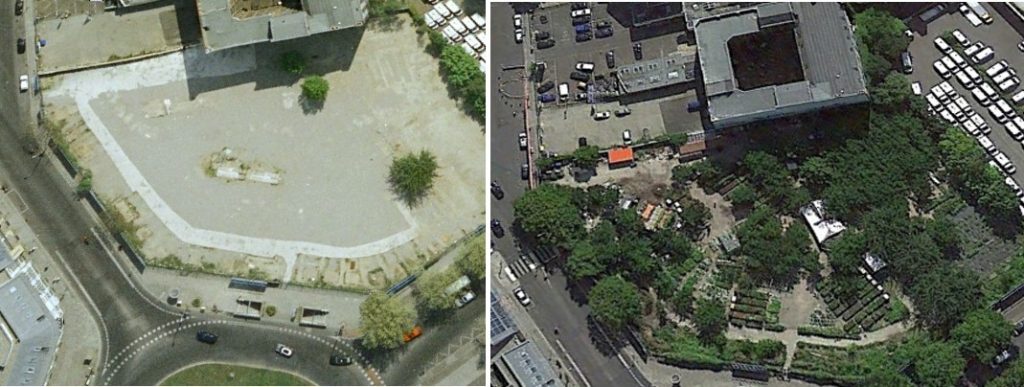 Aerial before shot showing site as large concrete space and after as same space covered in foliage (source: Prinzessinnengarten Kollektiv Berlin 2022)