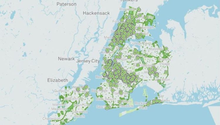 Map of New York indicating each community garden. (Source: Greenthumb, 2022)