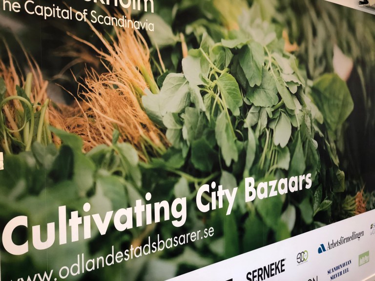 Poster showing crops and text which says 'Cultivating City Bazaars'. (source: Odlande stadsbasarer www 2022)