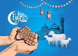 Eid al adha image featuring out held hands with beads with goats, a mosque, laterns and bunting in the background