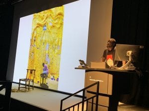 Serge Attukwei Clottey presenting his Afrogallonism work
