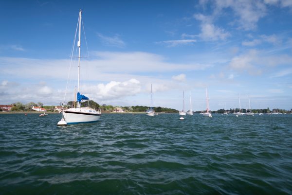 Chichester Harbour, Sussex, bright sky and a row of anchored yachts with sails down disappearing into the distance.