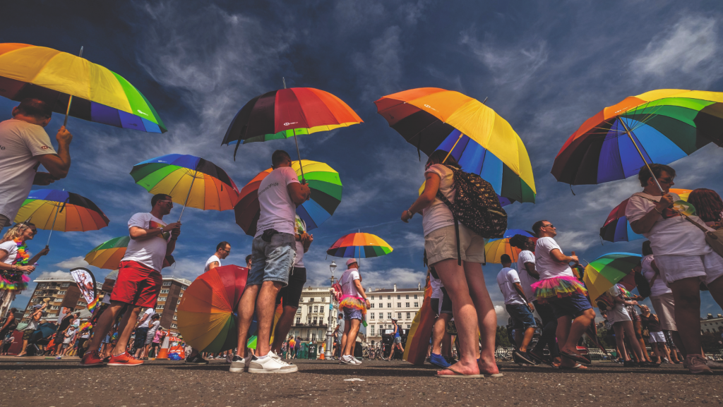 Brighton Pride street party with pride umbrellas