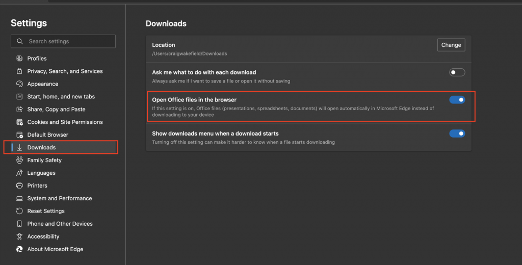 Microsoft Edge Downloads settings
