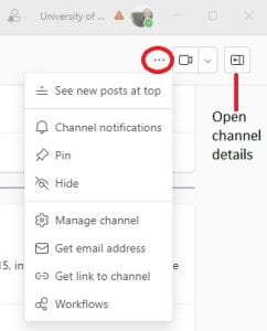 Screenshot: More channel options menu and the Open channel details button