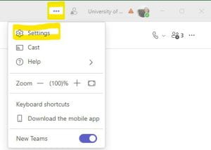 Open the Settings and more menu. This is the three dots at the top of your main Teams window