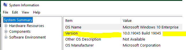 Screenshot of Windows OS version check
