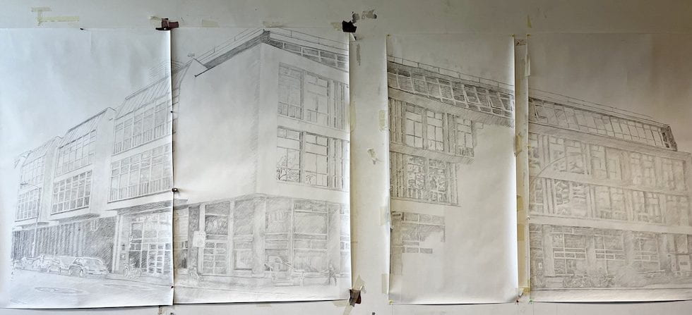 four drawings which combine across the wall to form the building