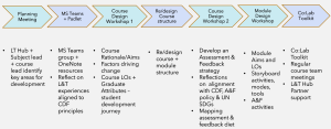 The Co:Lab process involves staff and student partners working through a series of 6 stages of curriculum design involving planning, 2 course design workshops, 1 module design workshop, some work on course structure, and further team planning using the Co:Lab Toolkit.