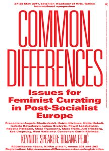 Poster in red font on white background reads Common Differences Issues for Feminist Curating in Post-Socialist Europe