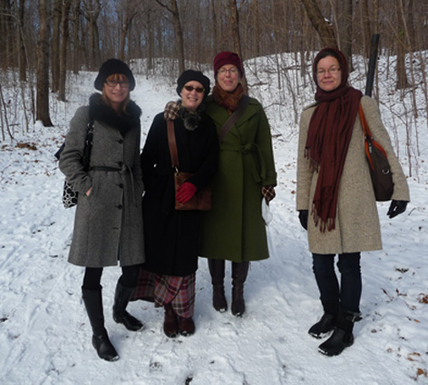 Four female researchers with snow and trees in Montreal. from left to right: Jessica Sjoholm Skrubbe (Stockholm University) , Nancy Proctor (Smithsonian), Lara Perry (University of Brighton) and Katrin Kivimaa (Estonian Academy of Arts)