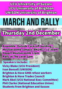 Flyer for March and Rally Thursday 2nd December. Assemble outside Cockroft building Moulsecoomb at 11:30. March departs Moulsecoomb at 12.  Rally starts at the Level 1pm.