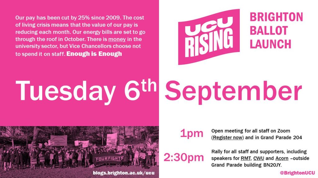 Pink and white flyer with details about the UCU Rising Brighton ballot launch. All text on this image is contained in the text above it on this page.