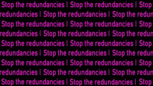 Teams background image with purple text stating: 'stop the redundancies'