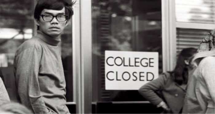 College doors closed in 1968 with students outside