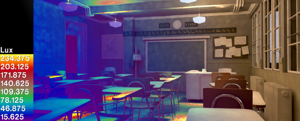 Lighting simulation of Blender's classroom scene